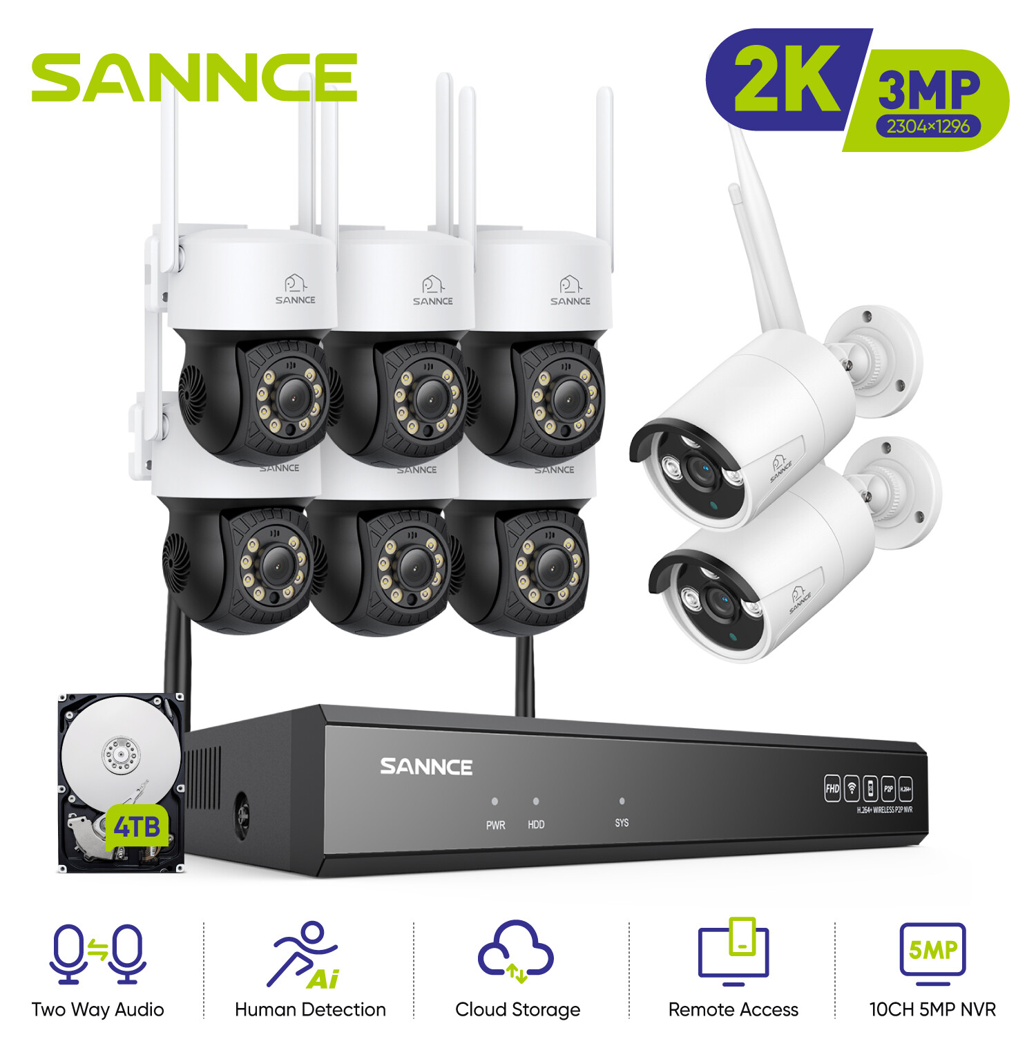 SANNCE 10CH 3MP Outdoor Wireless PT & Bullet Security Camera System 2 Way Audio