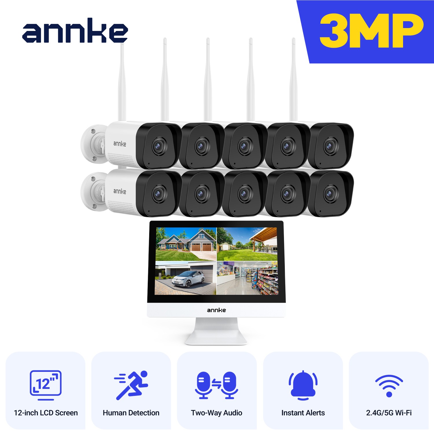 ANNKE Wireless 4K NVR 12” Monitor 3MP AI Security IP Camera System Two Way Audio