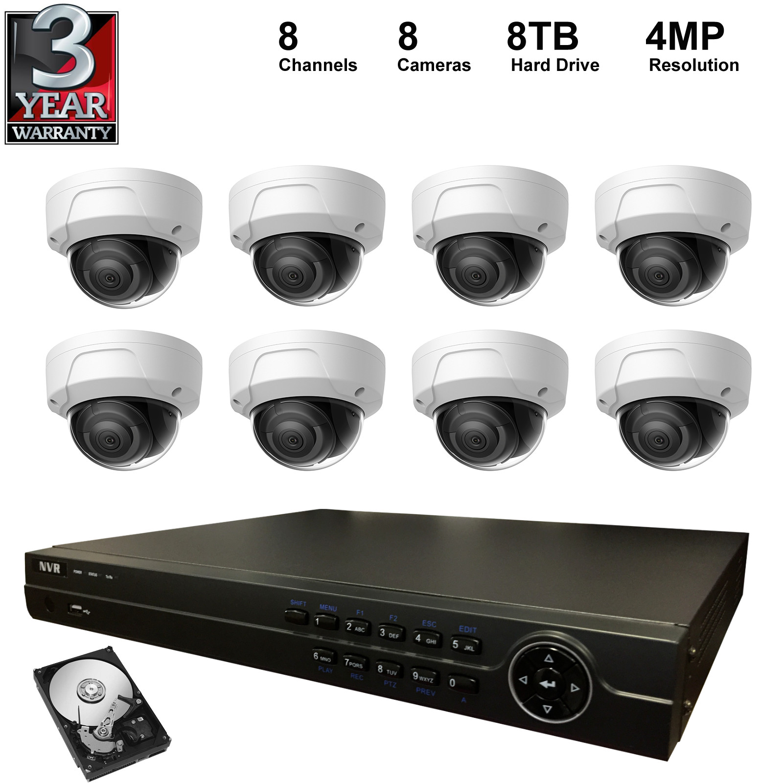 NVR Kit: 4K 8CH NVR+8TB Hard Disk+4MP Dome IP Cameras (8 Pieces)
