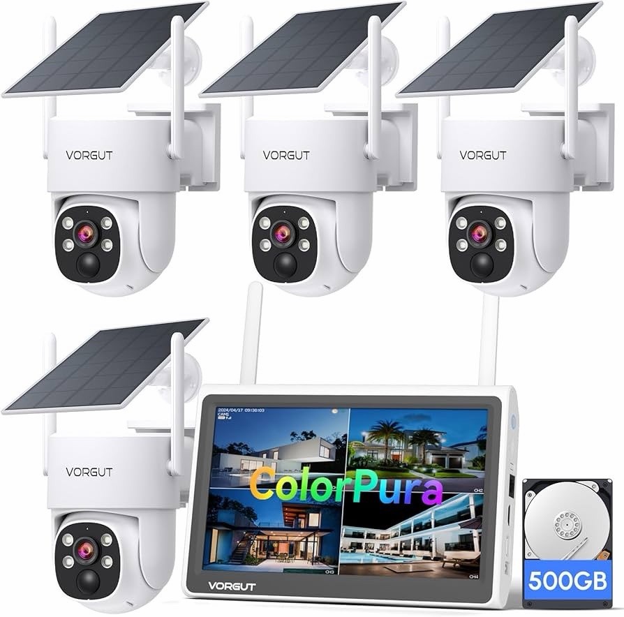 (YAH)Solar Security Camera System 4pcs 2K PTZ 10 Monitor 500GB WiFi No Fee