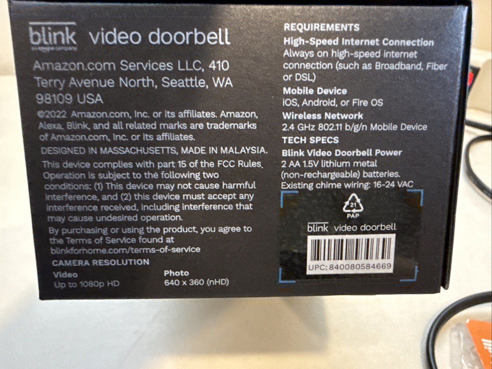 Blink Smart Video Doorbell?BLK Wired or Wireless Wi-fi Day Night Two Way Audio