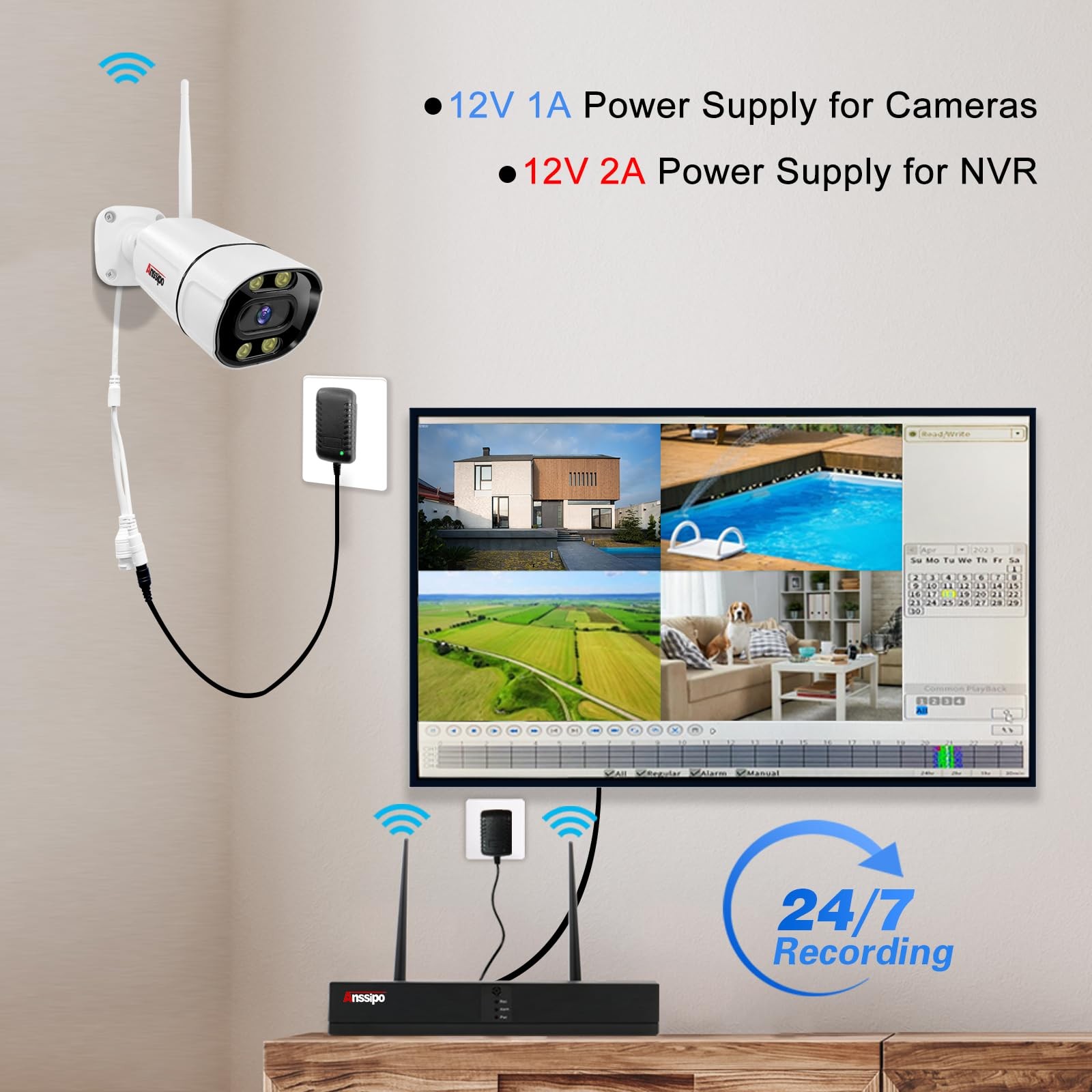 4K WiFi Security Camera System, 4X 3MP Plug-in Home Security Cameras 24/7 Rec…