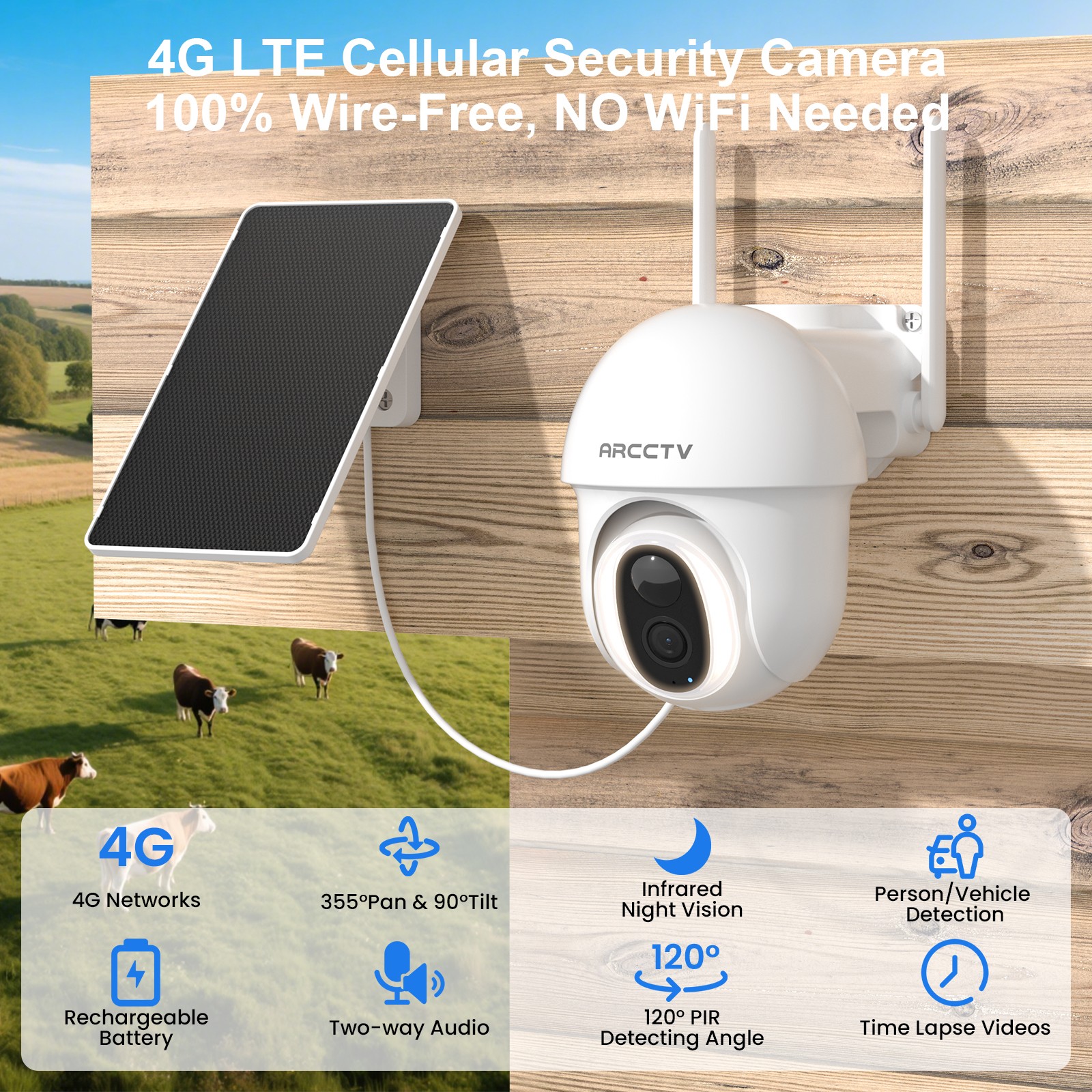 ARCCTV 4G LTE Outdoor Solar Security Camera 360° PTZ Wireless 2Way Audio 2PACK