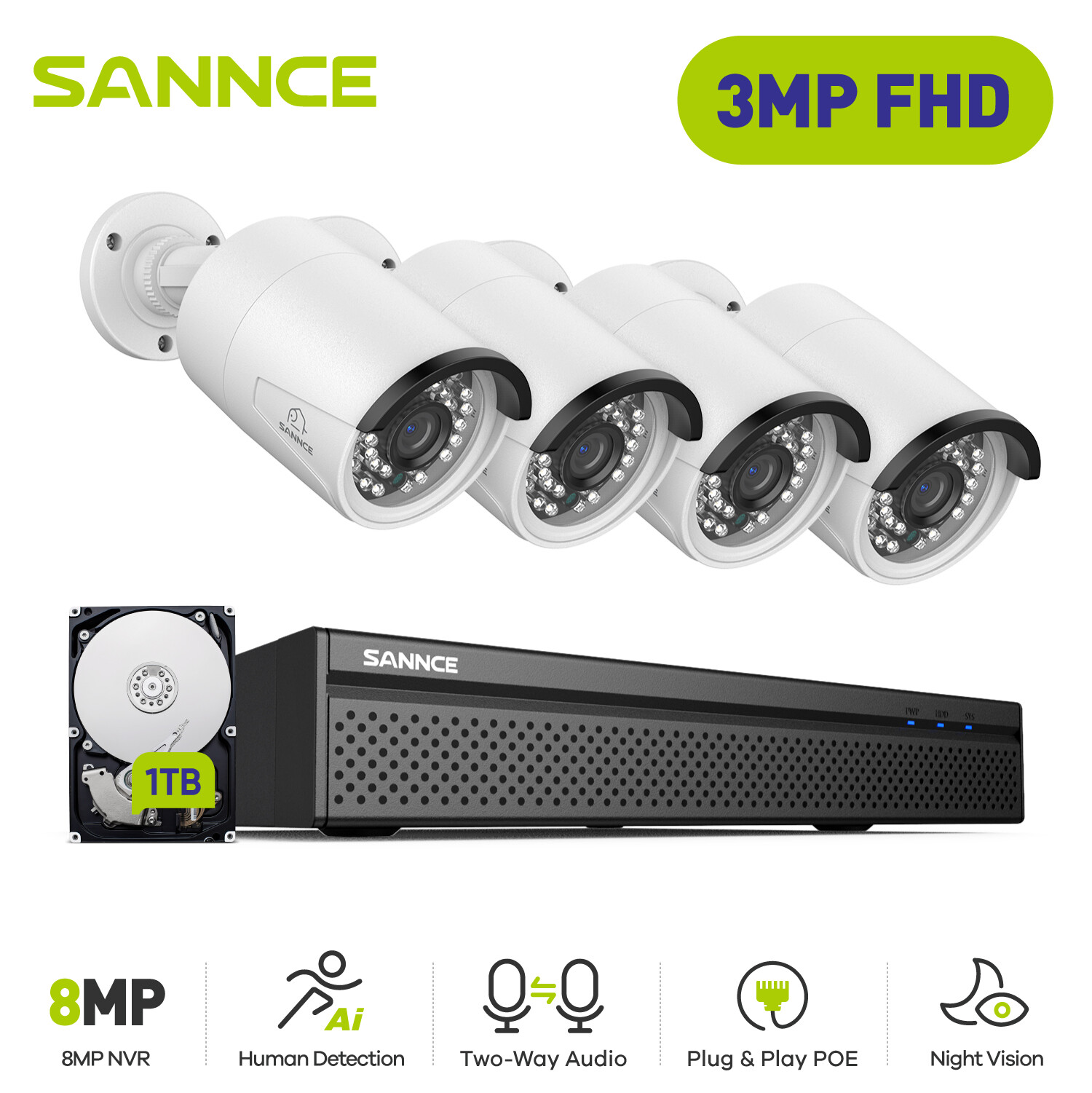 SANNCE 8CH 4K NVR 3MP POE Security IP Camera System Two Way Audio Recording 1TB