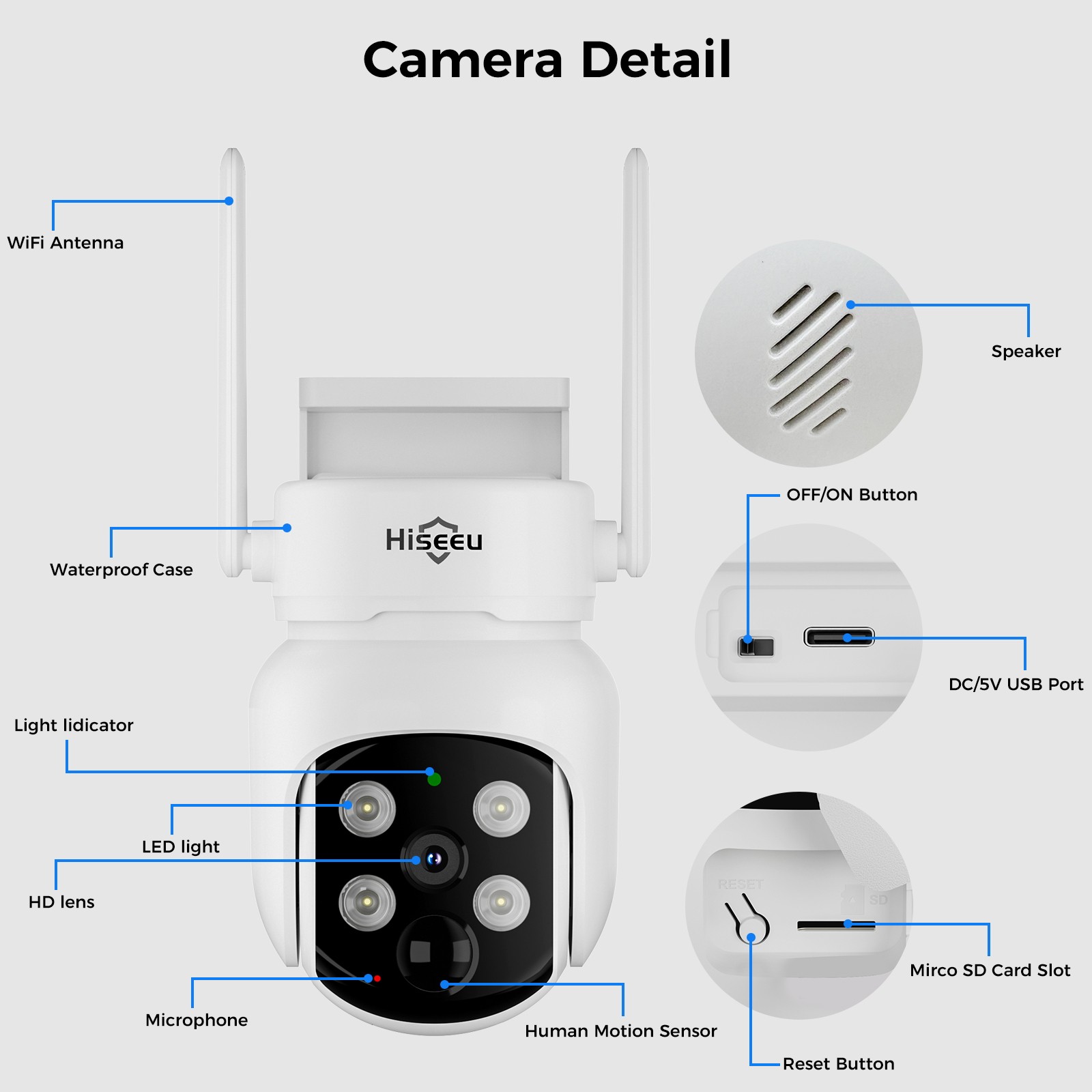 Hiseeu WIFI Solar Battery 4MP Wireless PTZ Security Camera Outdoor PIR Detection