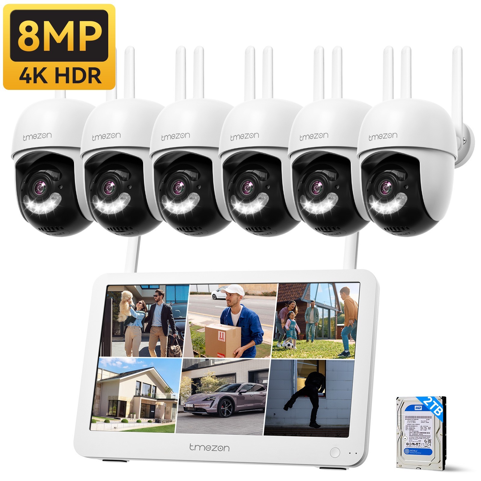 TMEZON Wireless 8MP Security PTZ Camera System 10CH NVR WIFI 12inch Monitor 2TB