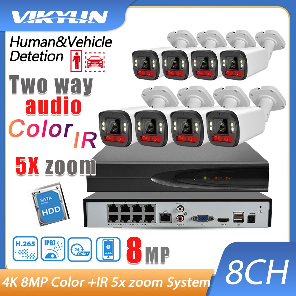 Vikylin 4K 8MP 5X ZOOM 8CH 8POE NVR IP Camera Color+IR Audio Security System Lot