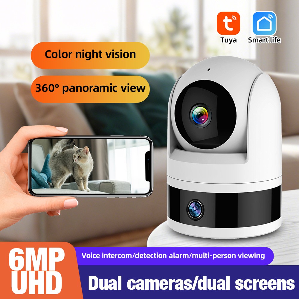 Dual Lens Tuya Smart Security Camera 3K 6MP Pet Dog Camera Baby Monitor AI Auto