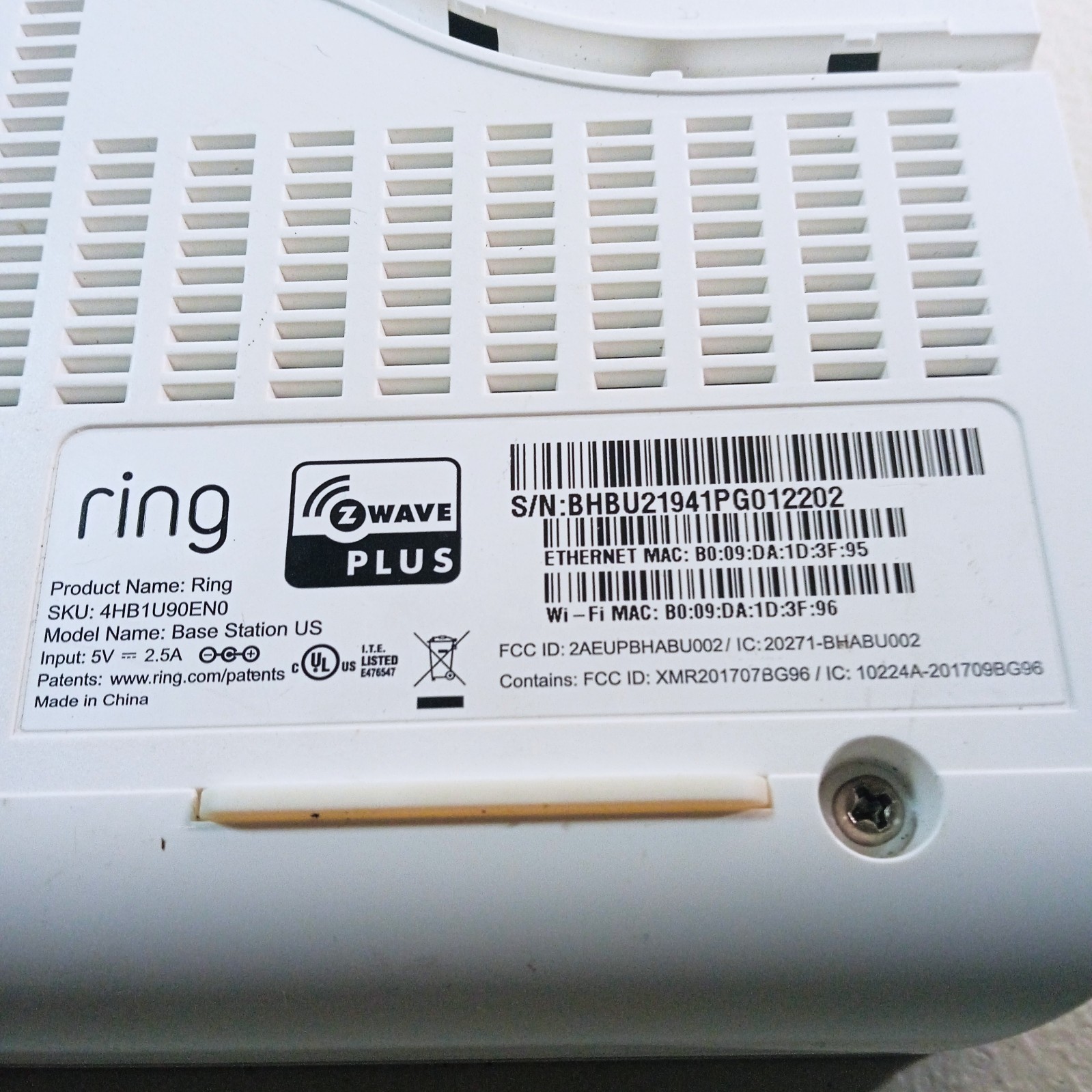 Ring Alarm Base Station US Z Wave+ 4HB1U9-0EN0 Gen No Power Cord.