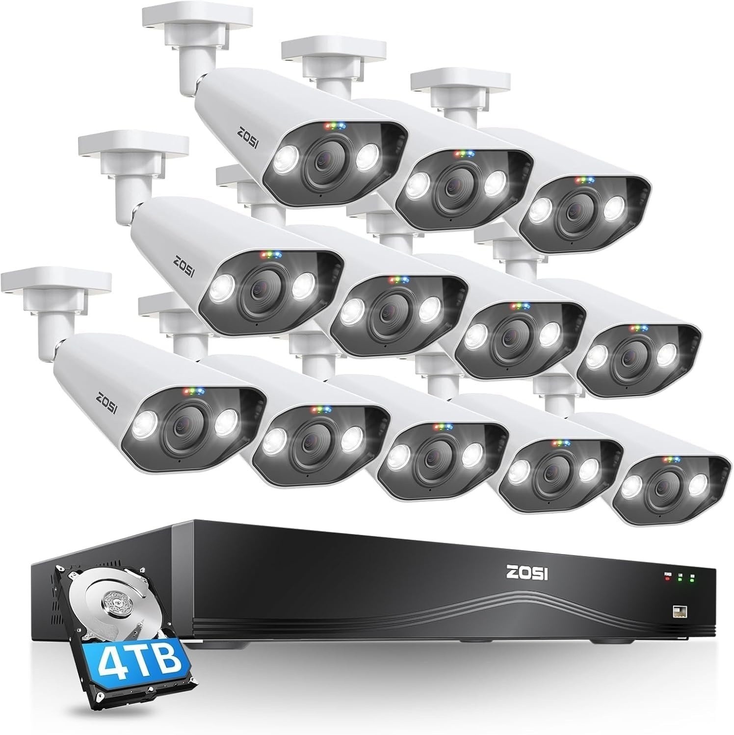 ZOSI 16CH 4K 8MP POE Security Camera System NVR 4TB Audio AI Car Detect H.265+