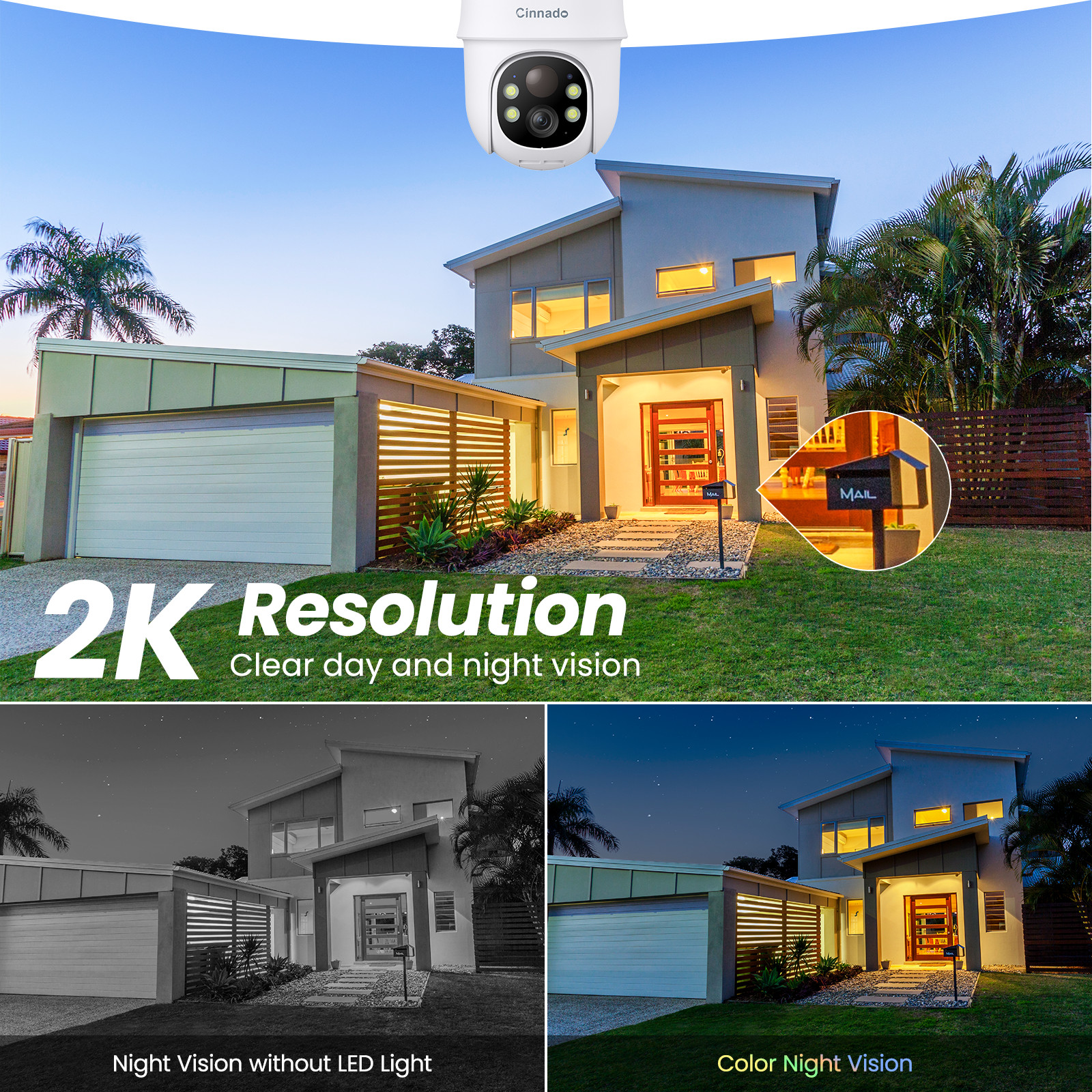 2K WIFI 360°Pan/Tilt Home Solar Security Camera Outdoor Wireless Human Detection
