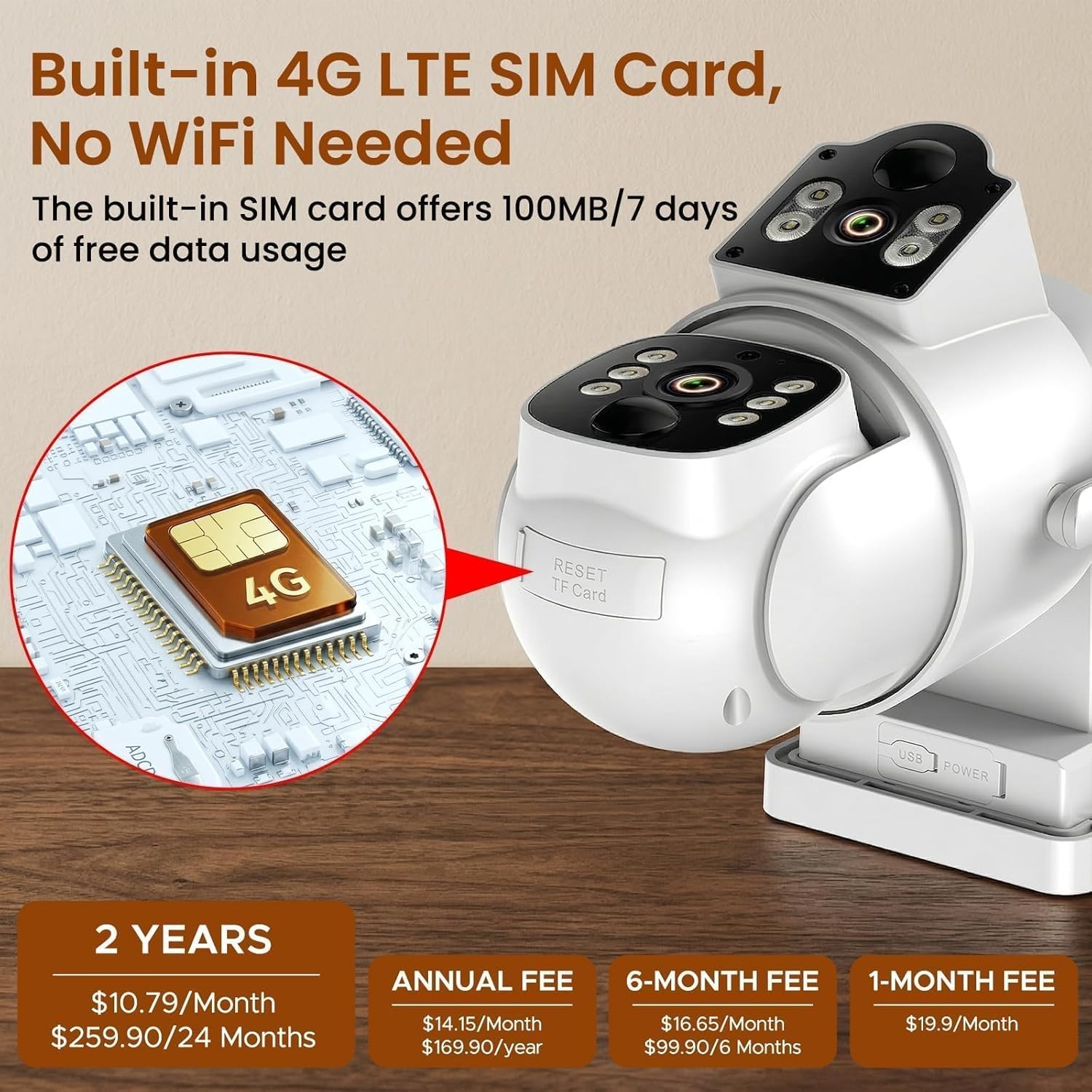 Solar 4G LTE Camera Outdoor Dual Lens PTZ 360° 2K No WiFi Security IP66 SIM Card