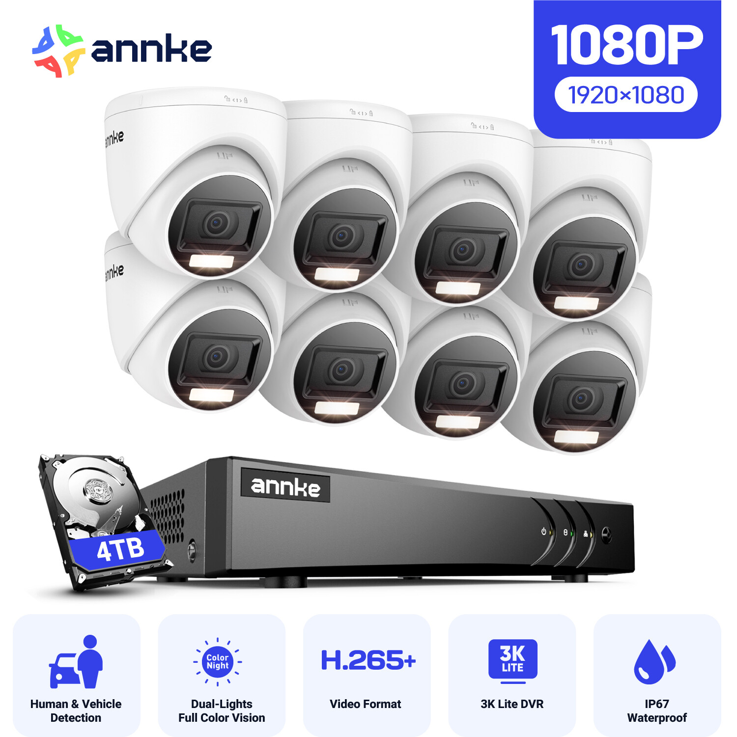 ANNKE 8CH 1080P Security Camera System 3K Lite DVR CCTV Human/Vehicle Detection