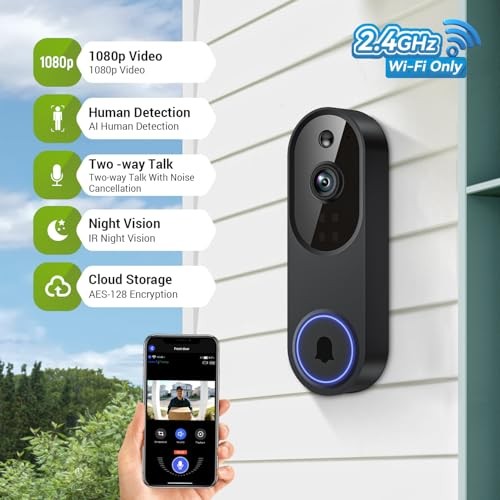 1080P Wireless Video Doorbell Camera, Outdoor Surveillance Cameras, FHD Black