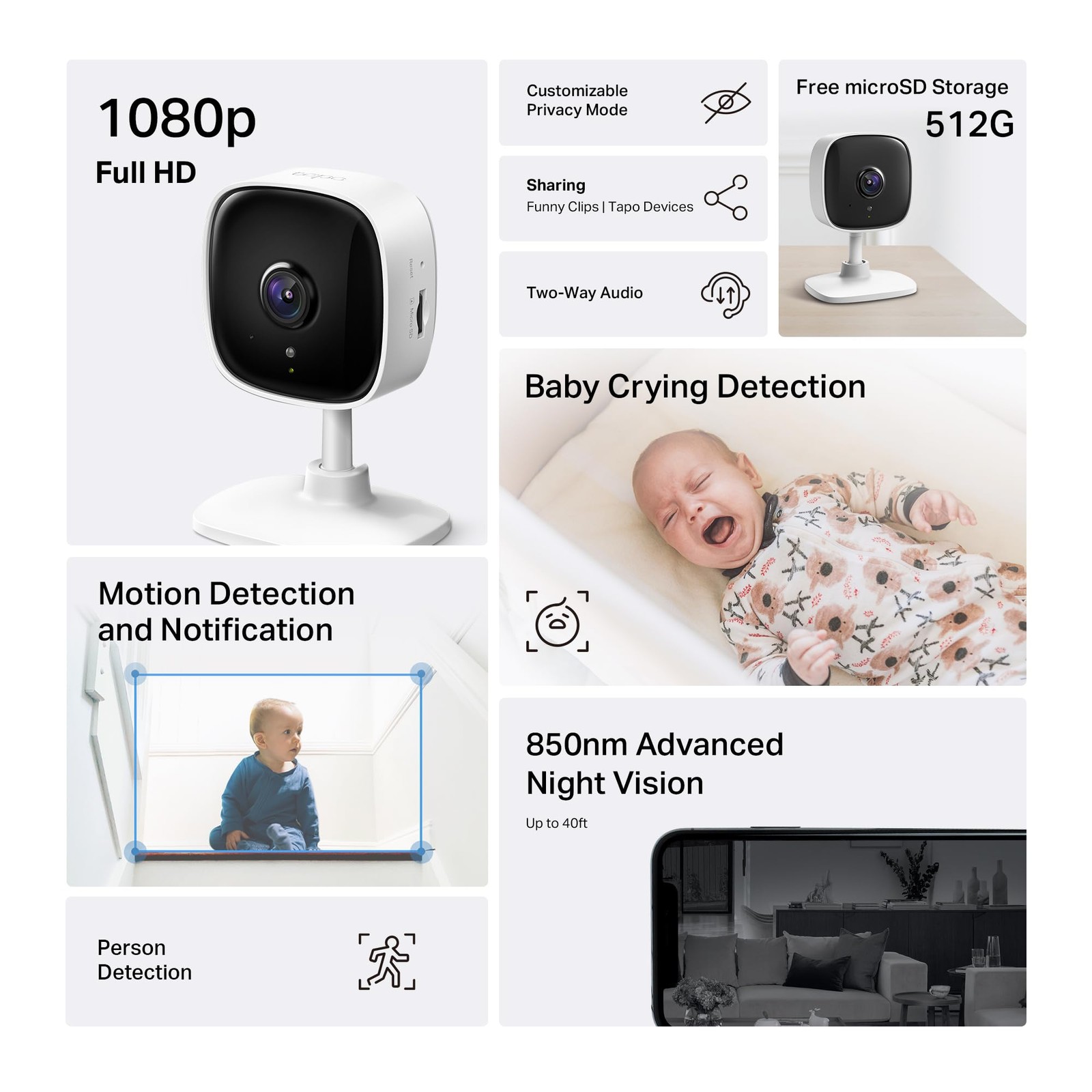 Tapo 1080P Indoor Wired Security Camera – Works as a Baby & Pet 4-Pack, White