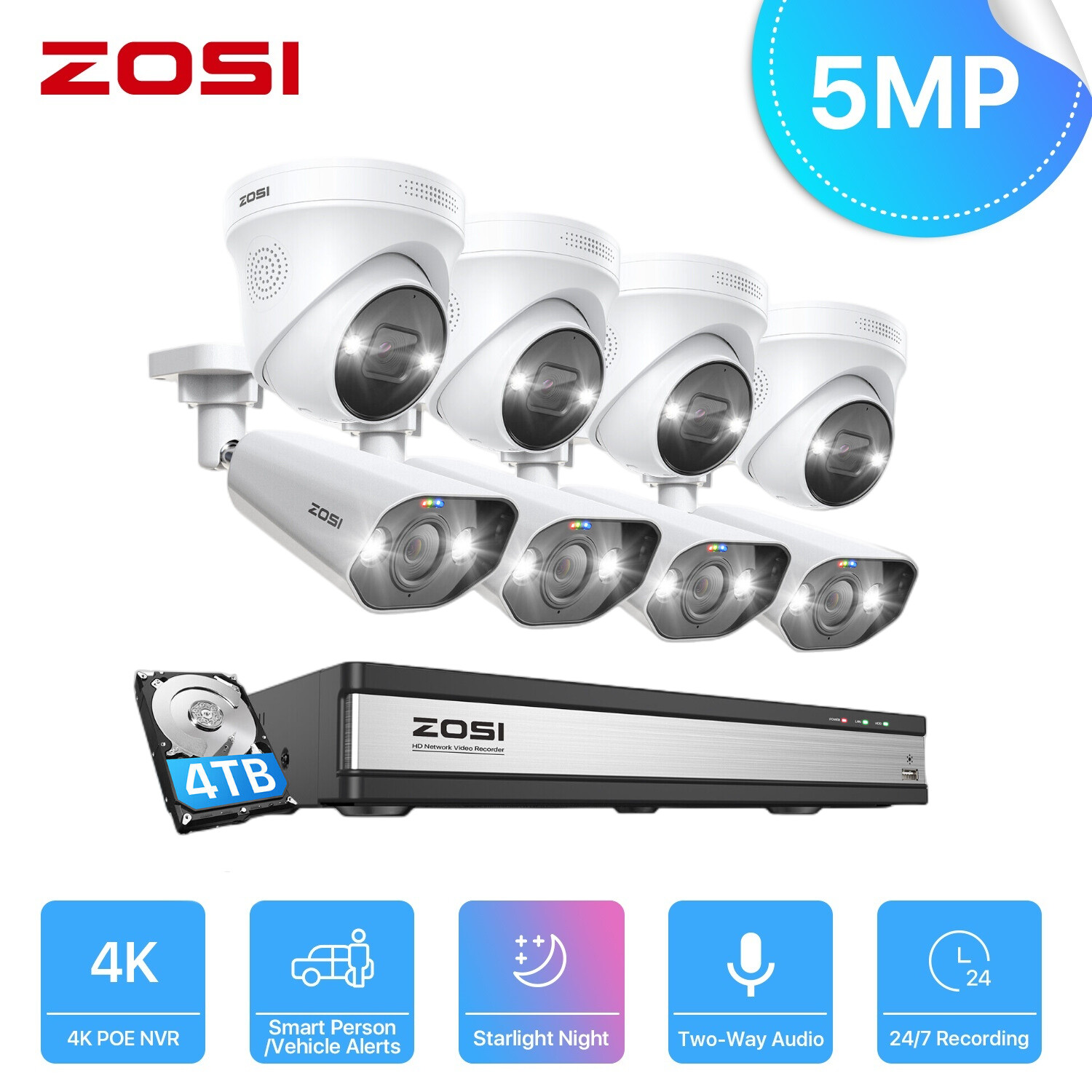 ZOSI 8CH/16CH 4K NVR 5MP POE Security Camera System AI Human Car Detect IR Audio