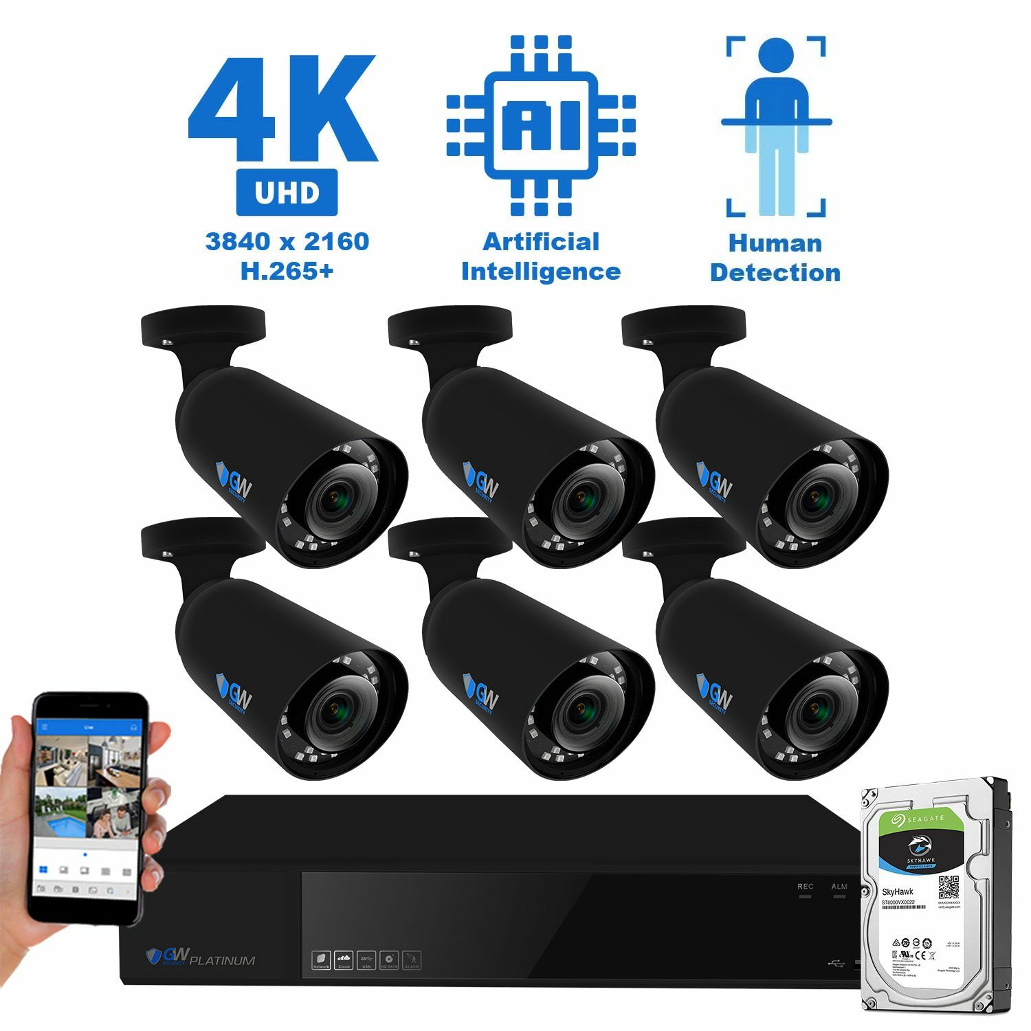 (6) 4K AI Smart Varifocal Cameras 8CH PoE NVR Color Night Vision Security System