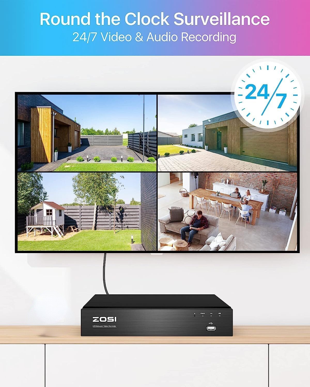 ZOSI 8CH PoE 4K NVR 3K Security Camera System Motion Alert IR 120ft Night Vision