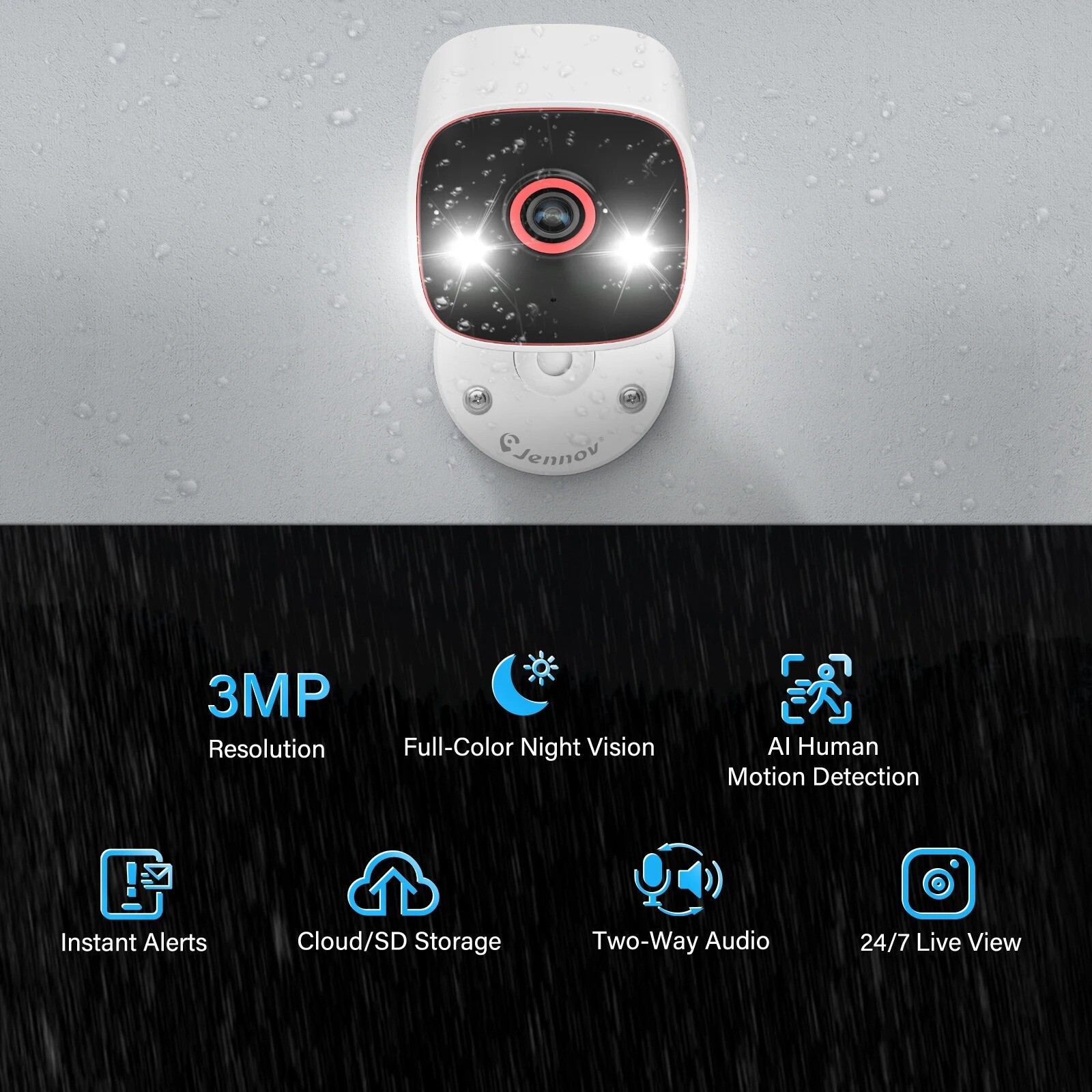 JENNOV 3MP WiFi IP Security Camera Smart Two Way Audio Outdoor Night Vision