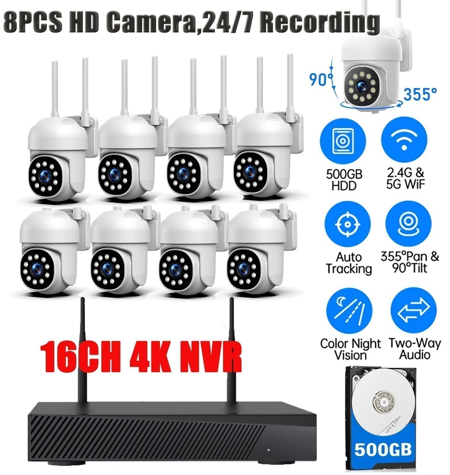 16CH 4K NVR Wireless Security Camera System CCTV PTZ WiFi Cameras Audio for Home