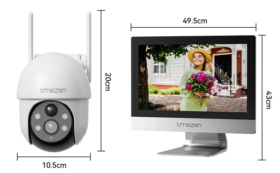 TMEZON 4MP Solar Battery PTZ Wireless Wifi Security Camera System 12” Monitor