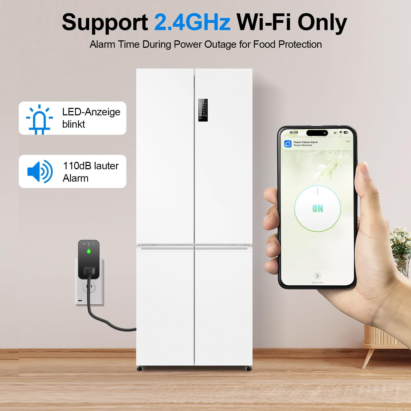 WiFi Power Failure Alarm, 110dB Freezer Alert with LED, App Notifications