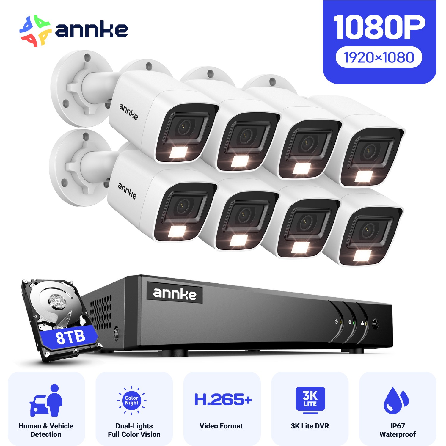 ANNKE 5MP Lite 8CH DVR 1080P CCTV Security Camera System Outdoor AI Color Night