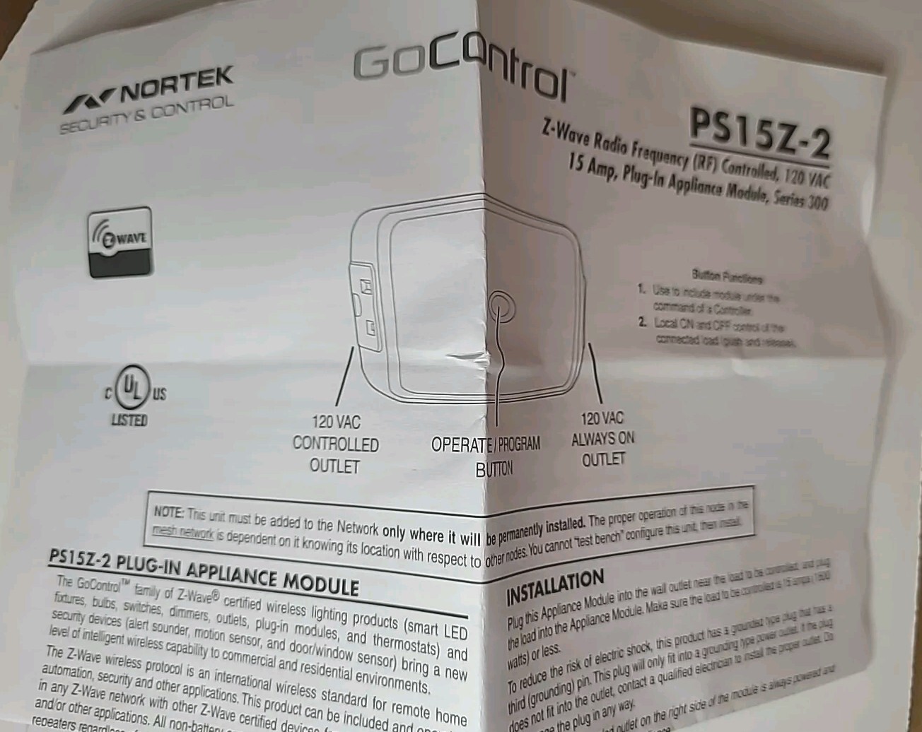 Go Control Smart Plug-in For Appliances PS15Z-2 Z-Wave