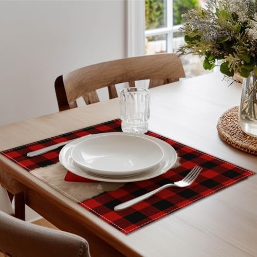 Valentine Placemats Set of 4 12×18 inch Red Buffalo Plaid Puppy Table Color*40