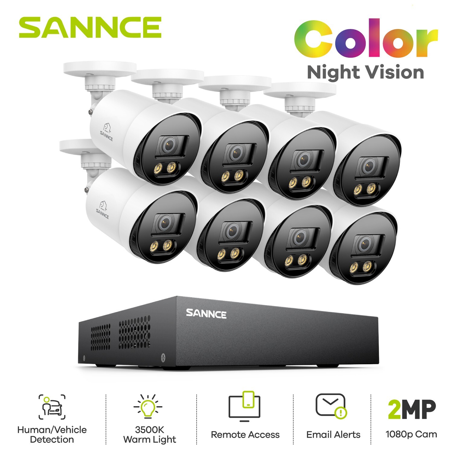 SANNCE 8CH DVR HD 1080P Full Color Outdoor Security Camera System AI Detection