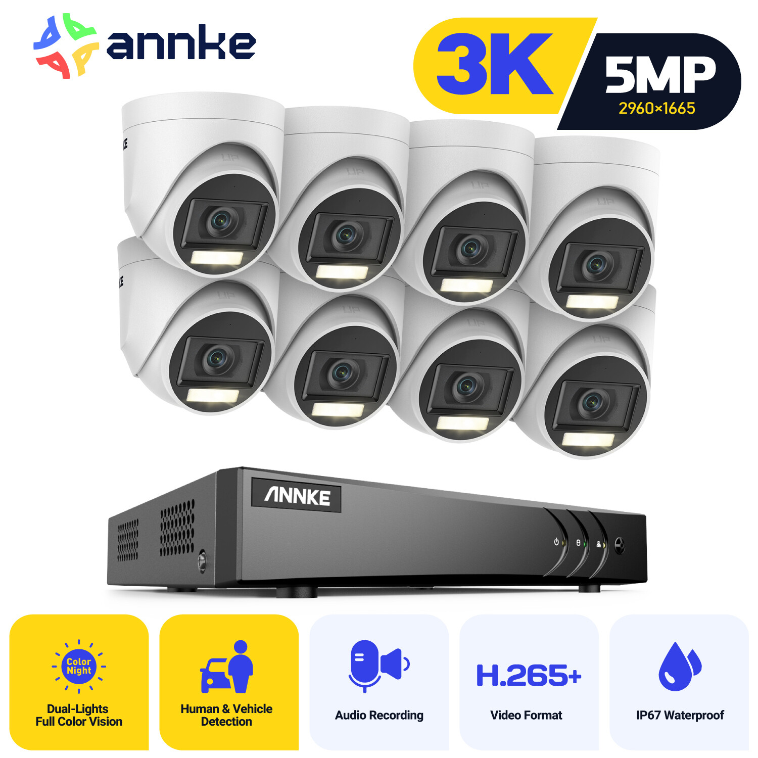 ANNKE 8CH DVR 5MP Security Camera System Color Night Vision Audio Recording IP67