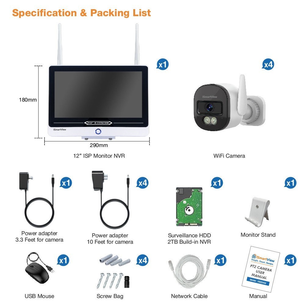 All-in-One 12″ 2K Wireless CCTV System w/ 8Ch 2TB NVR & 4 Wireless IP Cameras