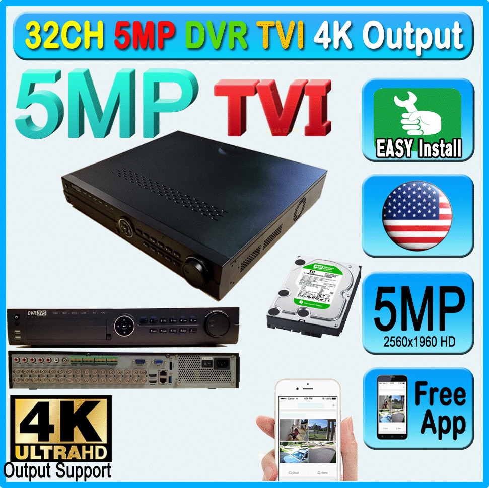 32CH TVI 5MP DVR H265 4k Output 2560×1960 Record System phone P2P