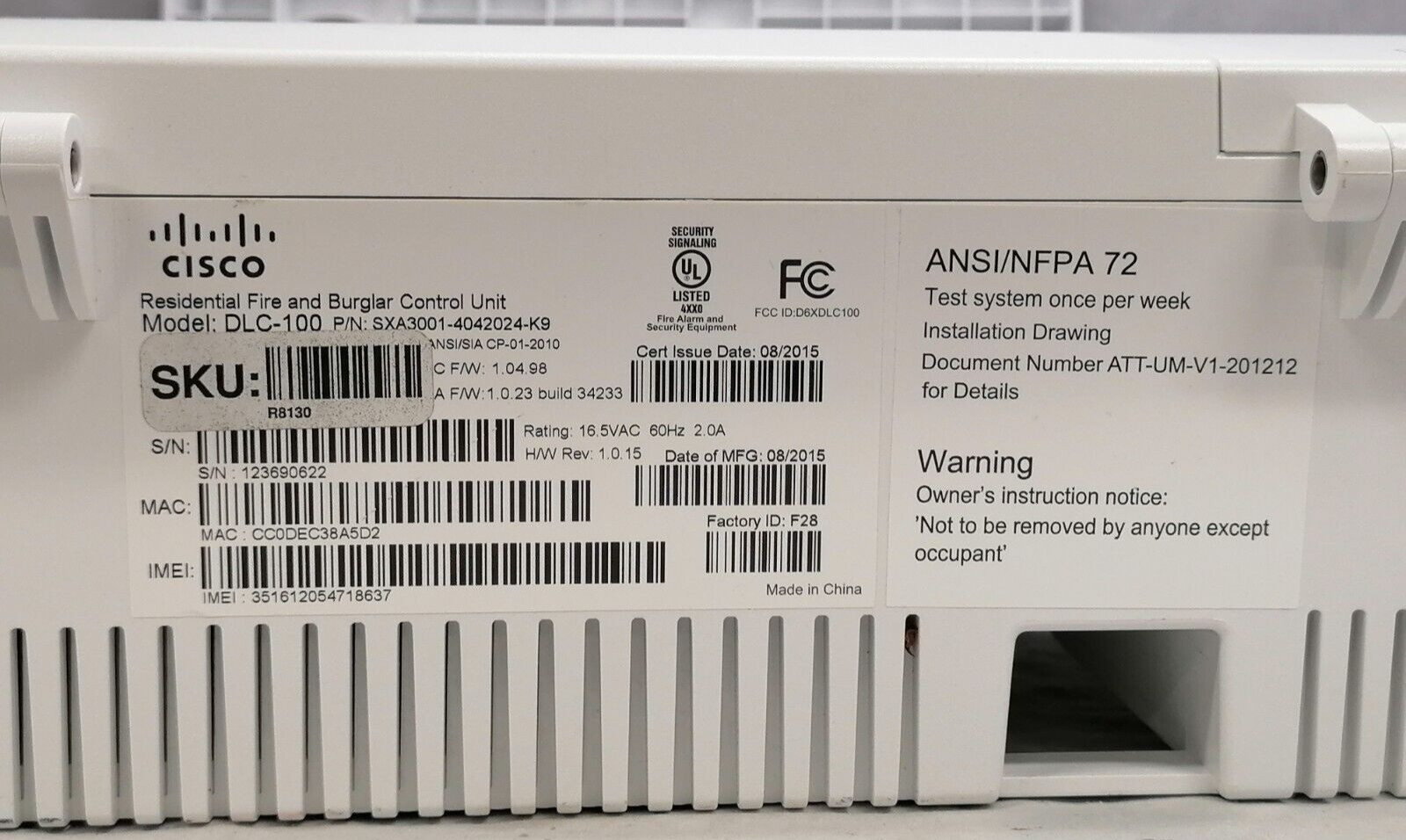 Cisco Residential Fire & Burglar Control Unit Set 16.5 VAC 60 Hz 2.0 A DLC-100