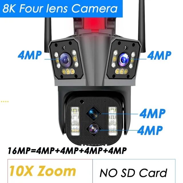 8K 10X Wireless Security Wifi 16MP IP Camera Four Lens Wifi Surveillance Cameras