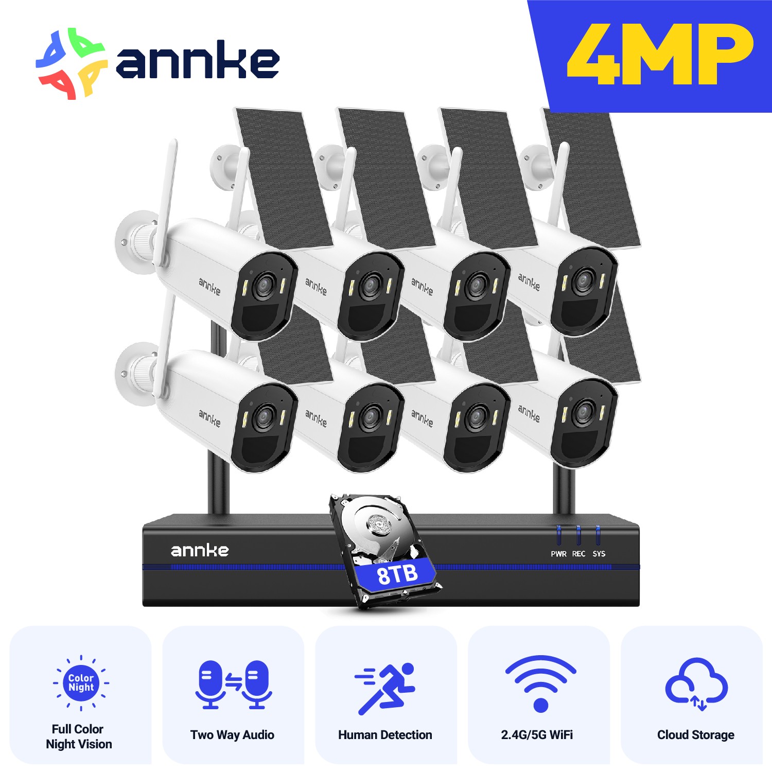 ANNKE 8CH 4MP Wireless Security Camera System Solar Battery Powered 2 Way Audio