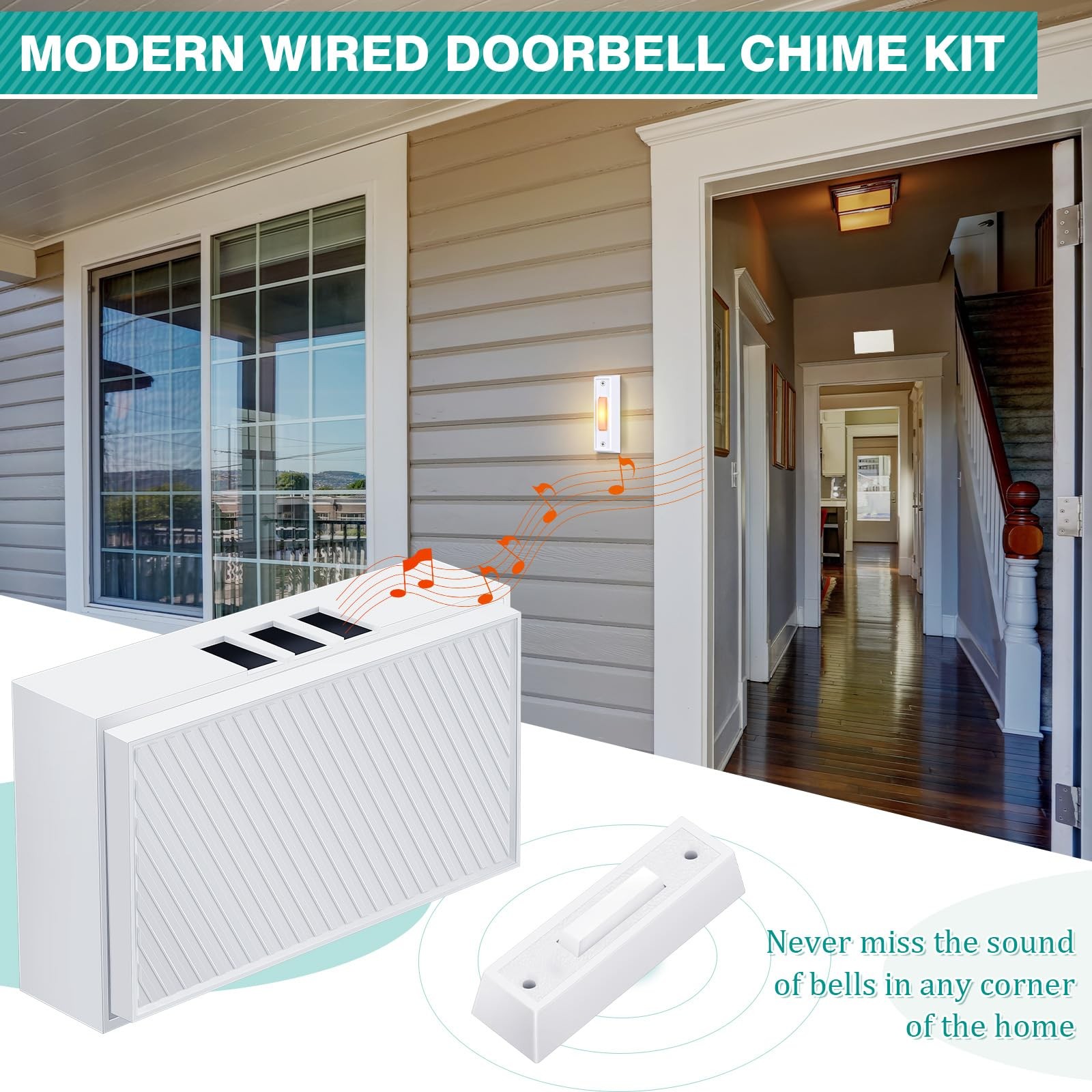 Saillong Wired Doorbell Chime with 2 Lighted Push Buttons, 16V White, Yellow