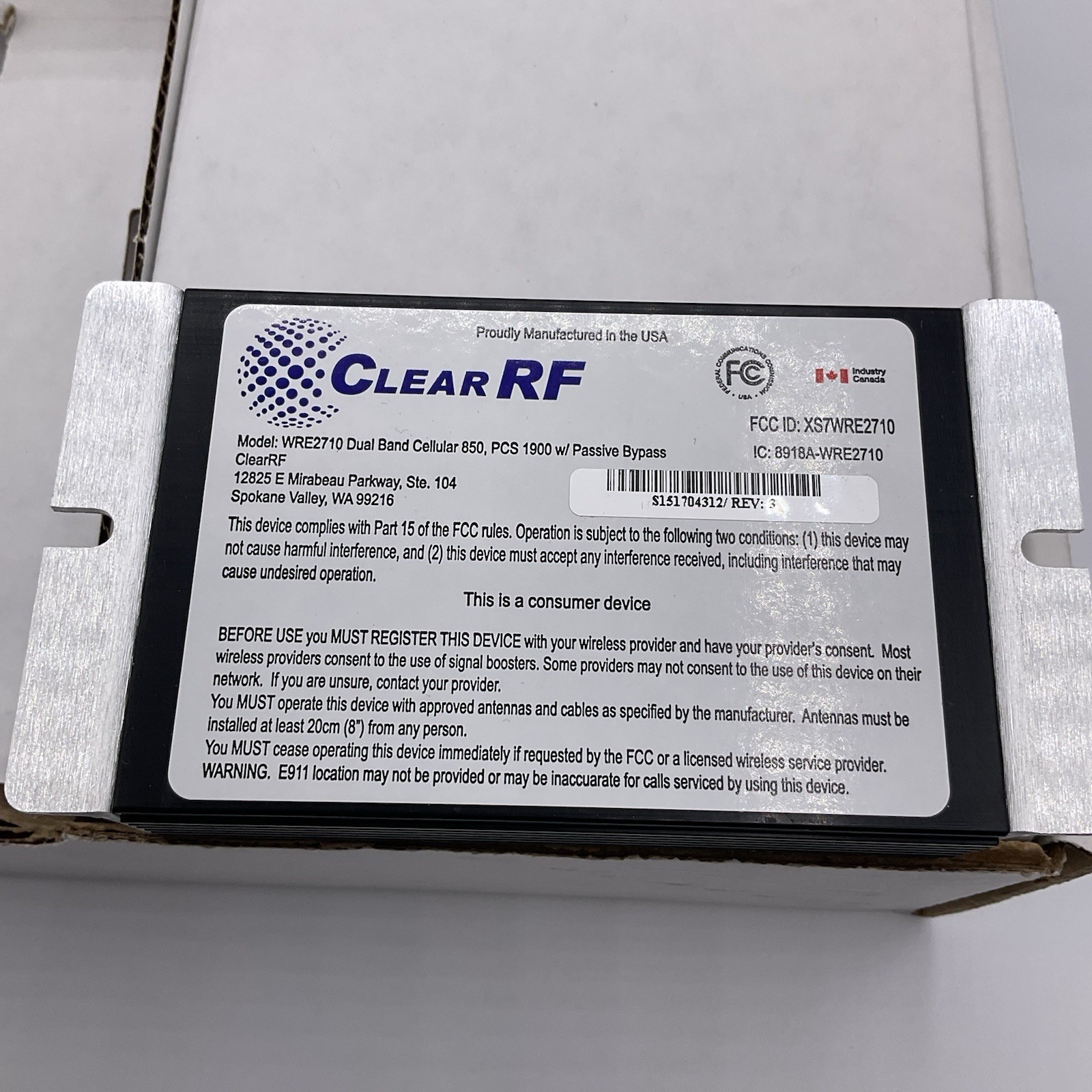 Clear RF WRE2710-S M2M Cellular Signal Amplifier 800/1900MHz Passive ByPass