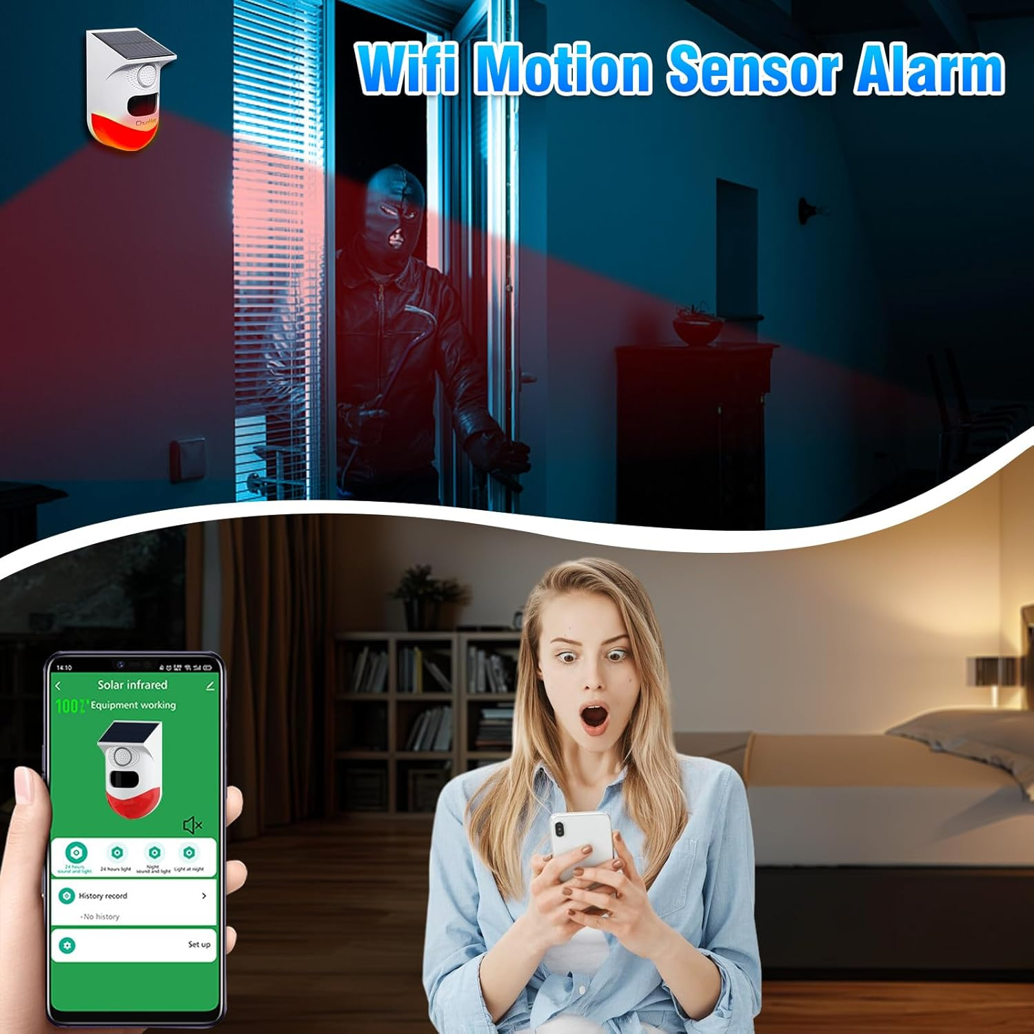 Wifi Motion Sensor Alarm Outdoor,2 Adjustable Sensitivity 130Db Sound Solar Secu