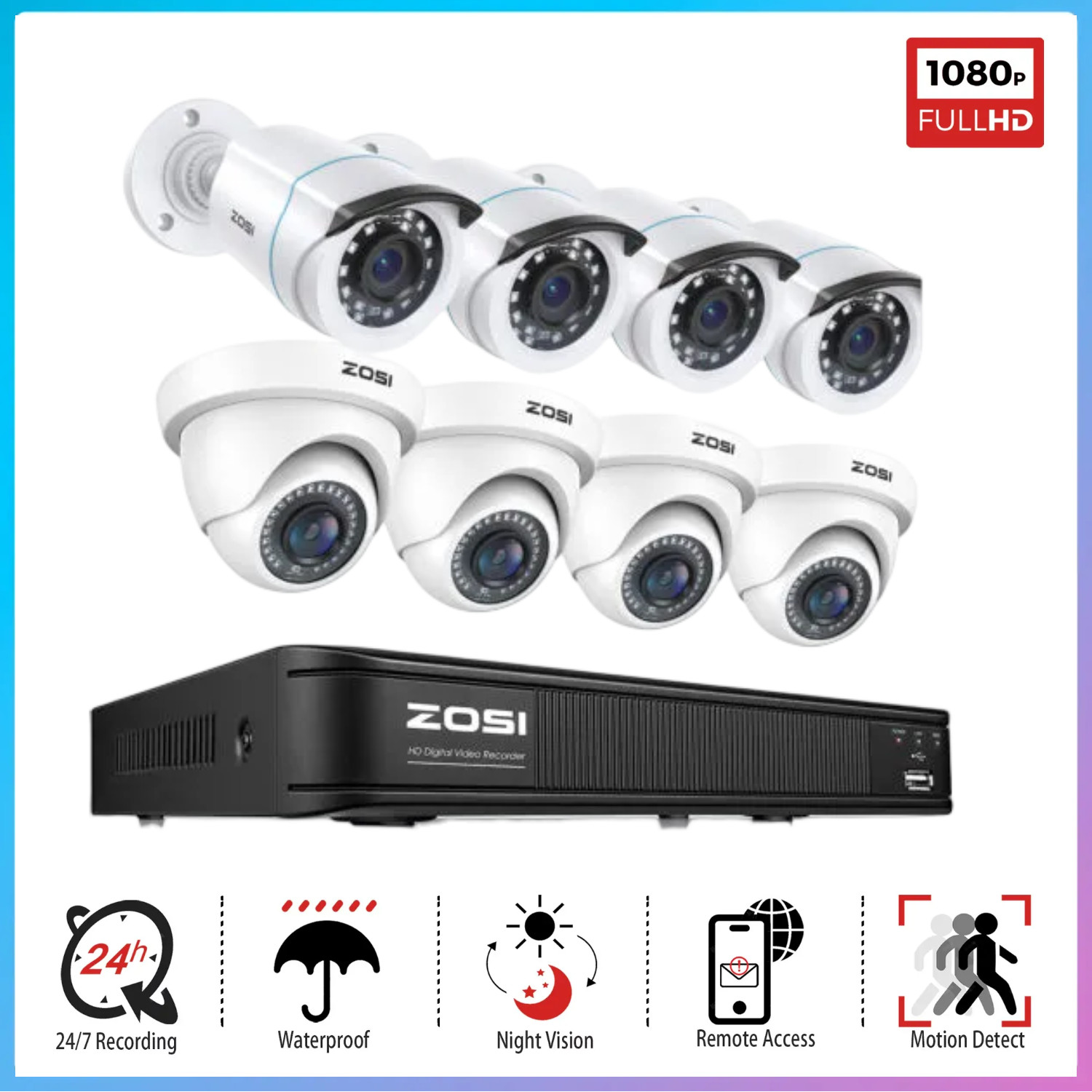 ZOSI 5MP Lite 8CH DVR Wired 2MP Security Camera System Remote View Motion Detect