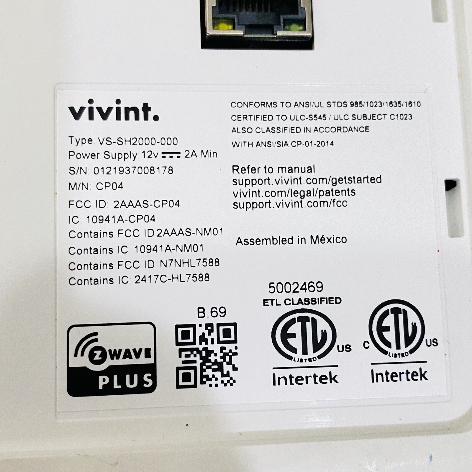 Vivint Smart Home Sky Control Panel Display Smart Hub VS-SH2000-000 Z Wave Plus