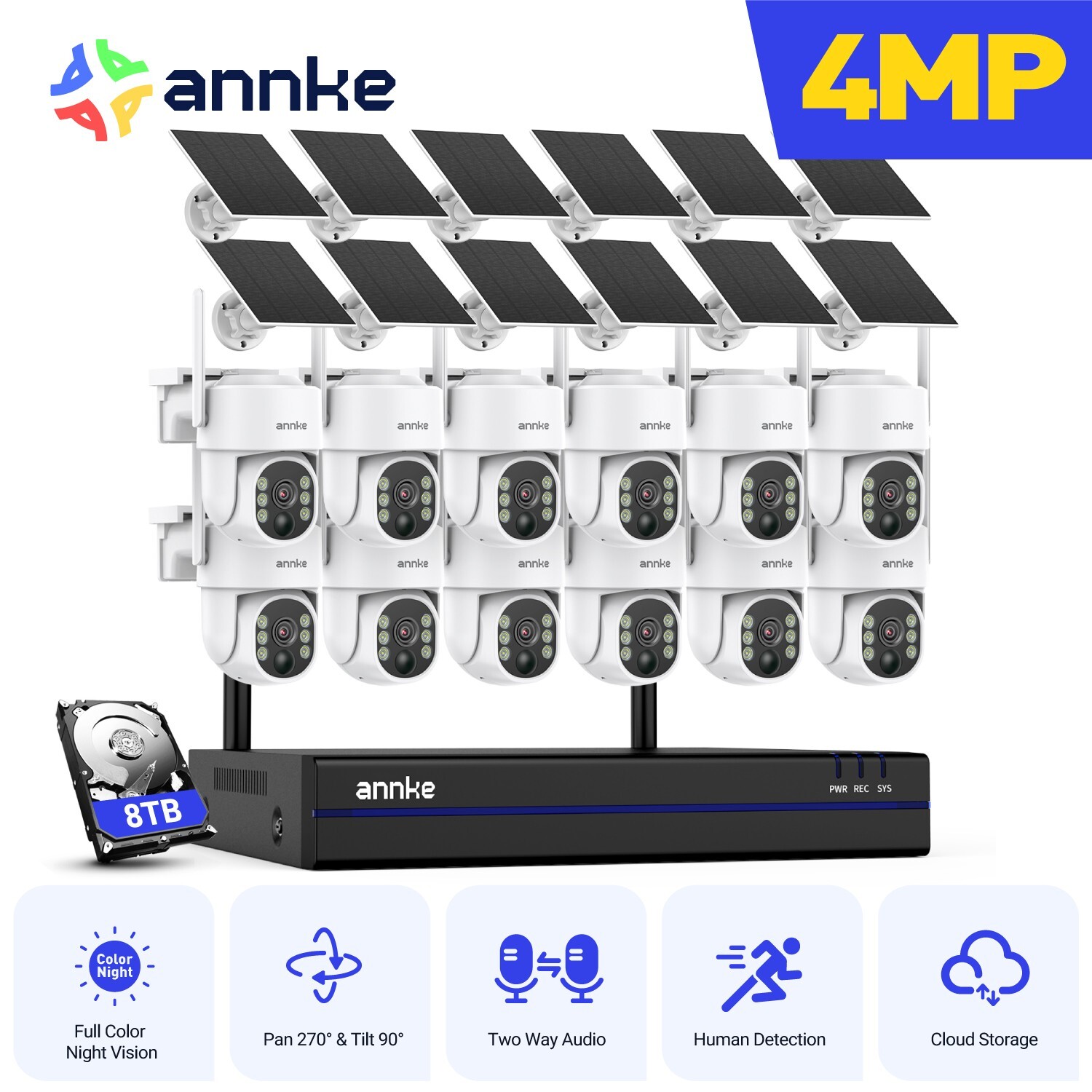 ANNKE 16CH NVR 4MP WIFI Solar Battery PT Color Security Camera System 2-Way Talk