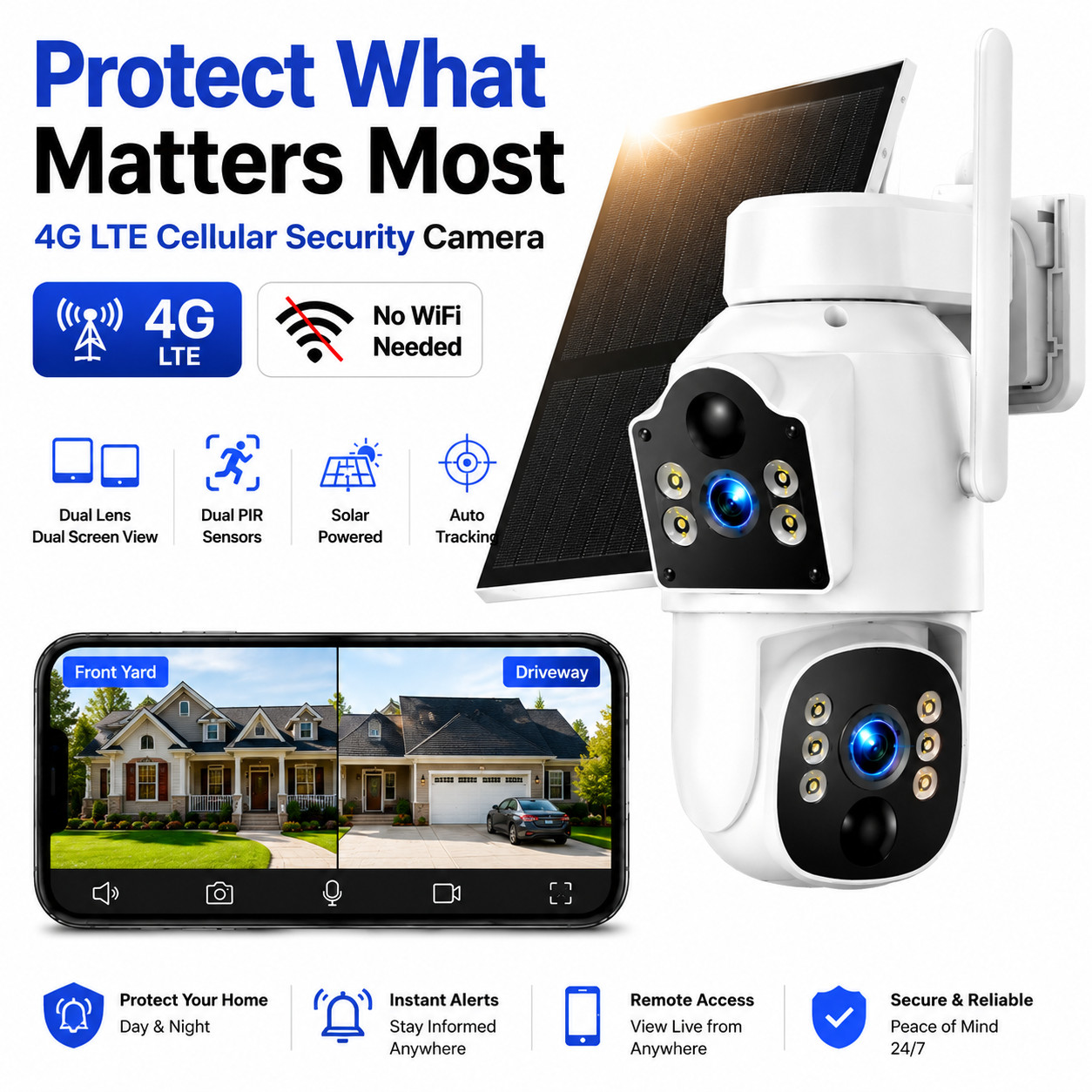Dual Lens 4G LTE Solar Camera 360° PTZ 2K Wireless Outdoor Security No WiFi Need
