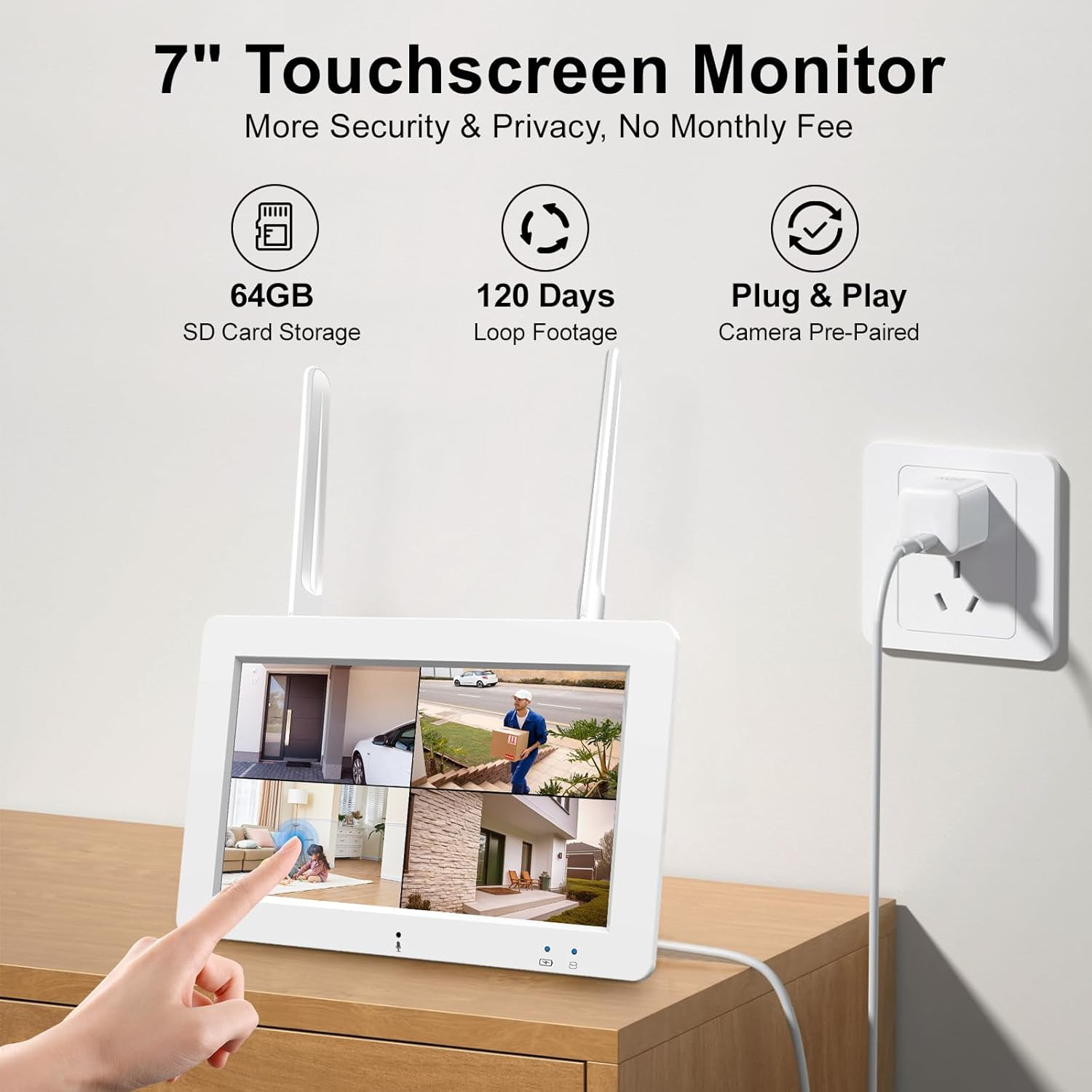 Wireless Security Camera System with 7″ Touchscreen Monitor, 2PCS 4MP Wifi Solar