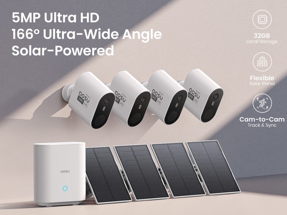 AOSU 5MP Solar Security Cameras Outdoor Wireless,Home Security System 4-Cam Kit