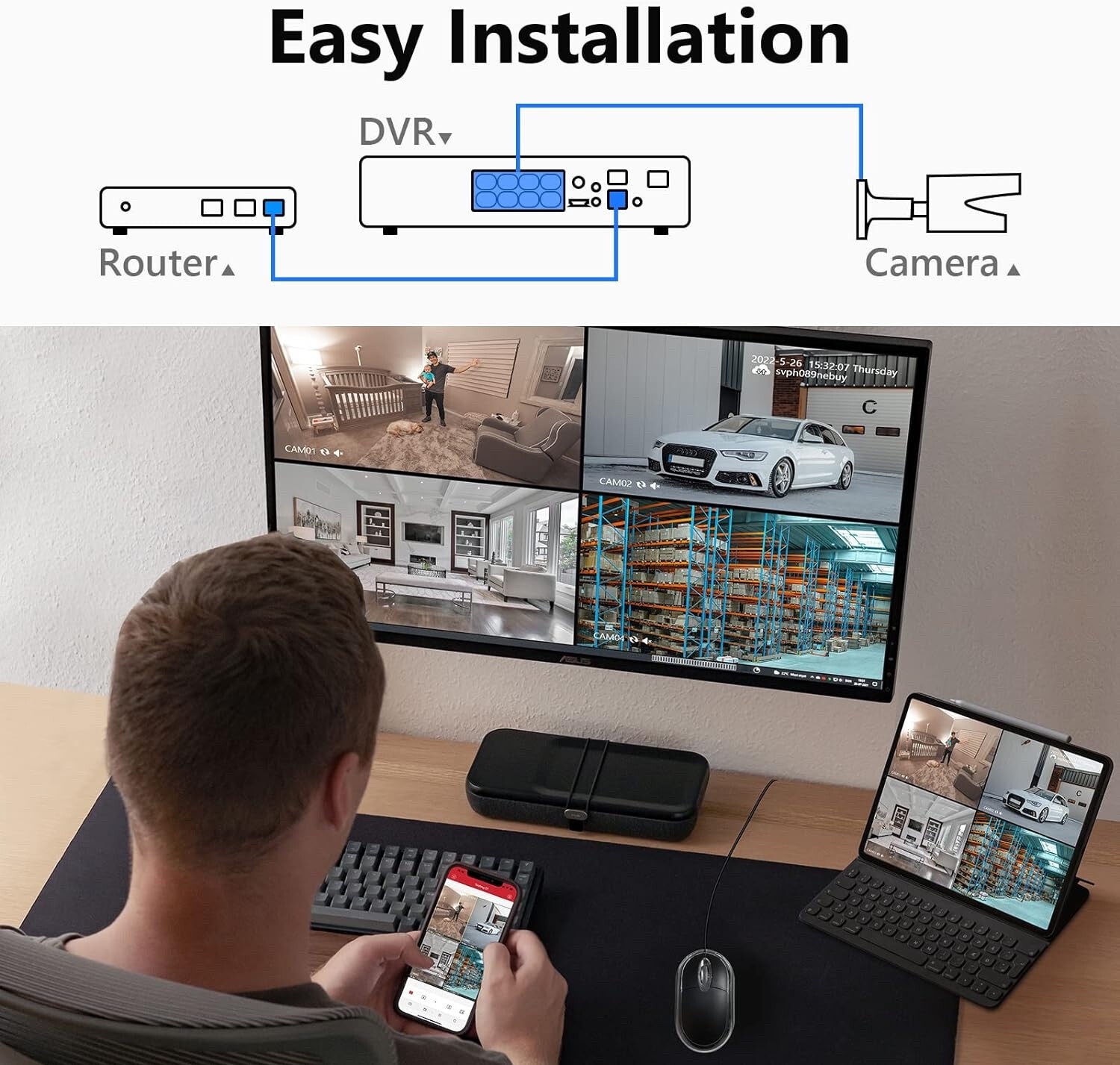 DICAFFE-8CH-1080P Home Wired 1TB HDD DVR IP66 Waterproof Security Camera System