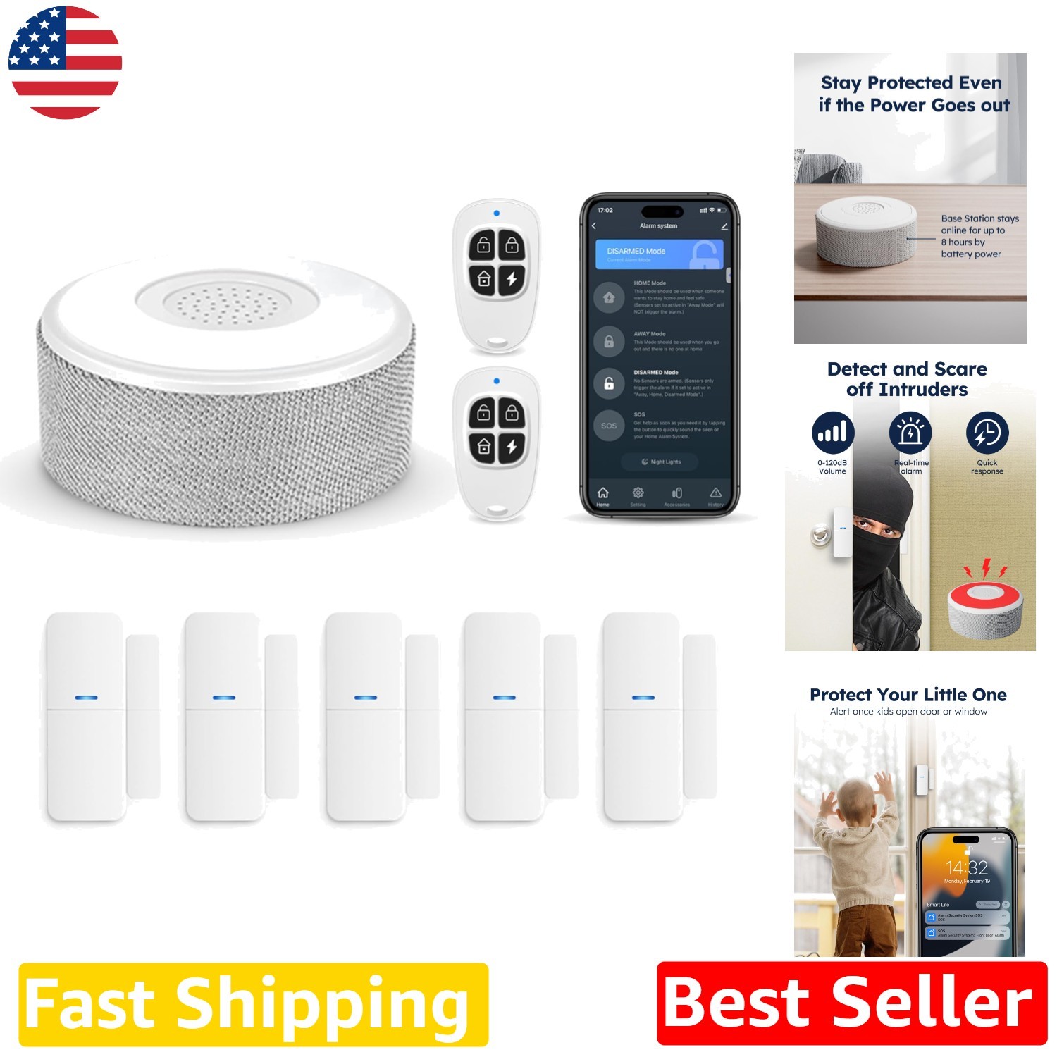 Smart WiFi Door Alarm System, 8-Piece Wireless Kit, Real-Time Alerts, No Subs…