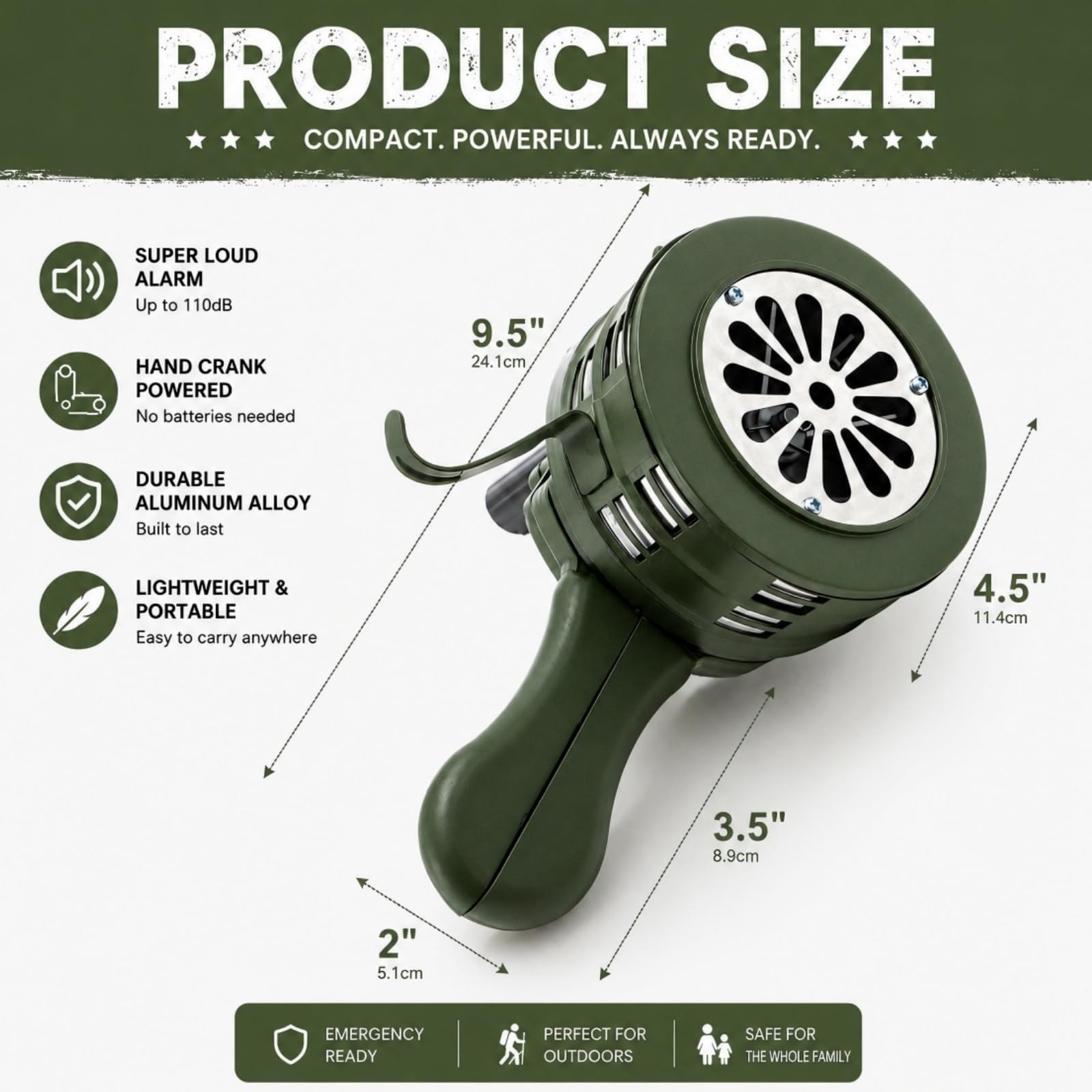 110 DB Hand Crank Siren Horn with Foldable Handle, Portable