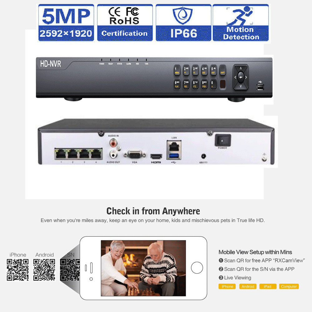 4Channel H.265 NVR 1920x 2592P 5MP PoE )* IP IP66 ONVIF Security Camear System