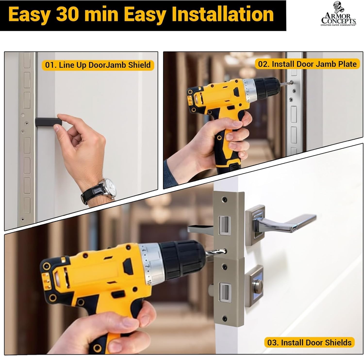 Satin Nickel 3-Piece Door Armor Kit – Anti Kick-in Protection for Entry Security